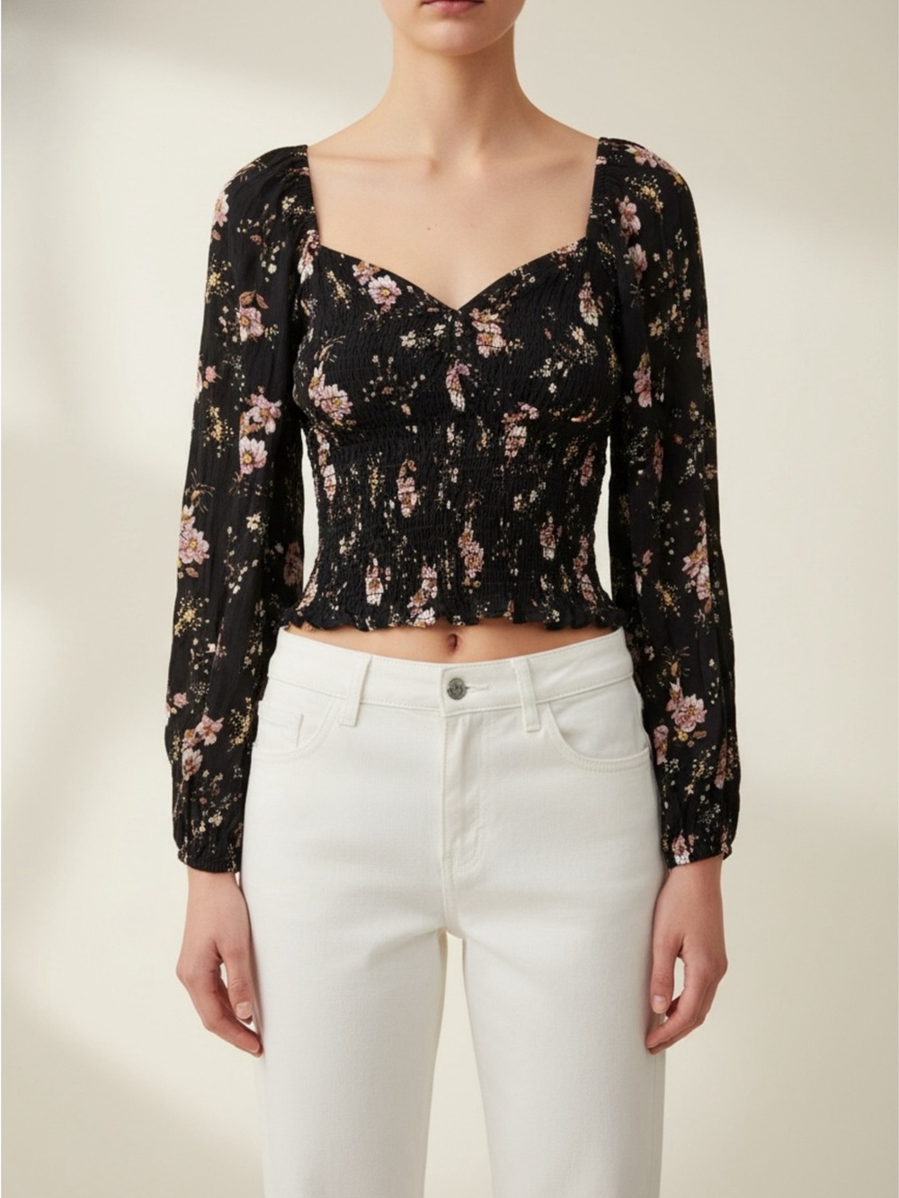 Smocked Square-Neck Floral Blouse in Black and Pink